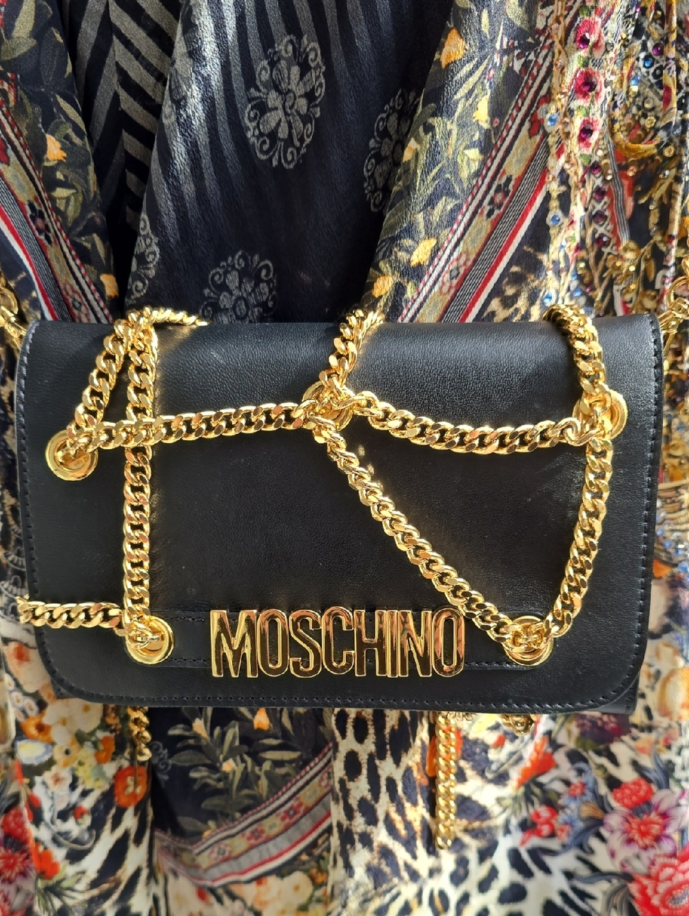 Moschino Black and Gold Leather Wallet Crossbody with Statement Logo - Picture 10 of 12